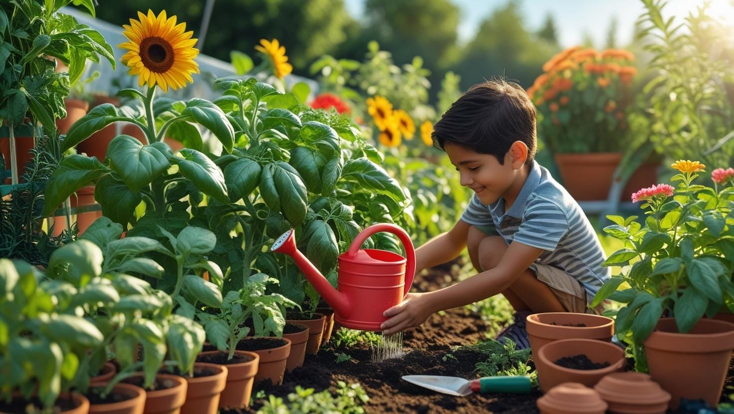 child watering plants current gardening