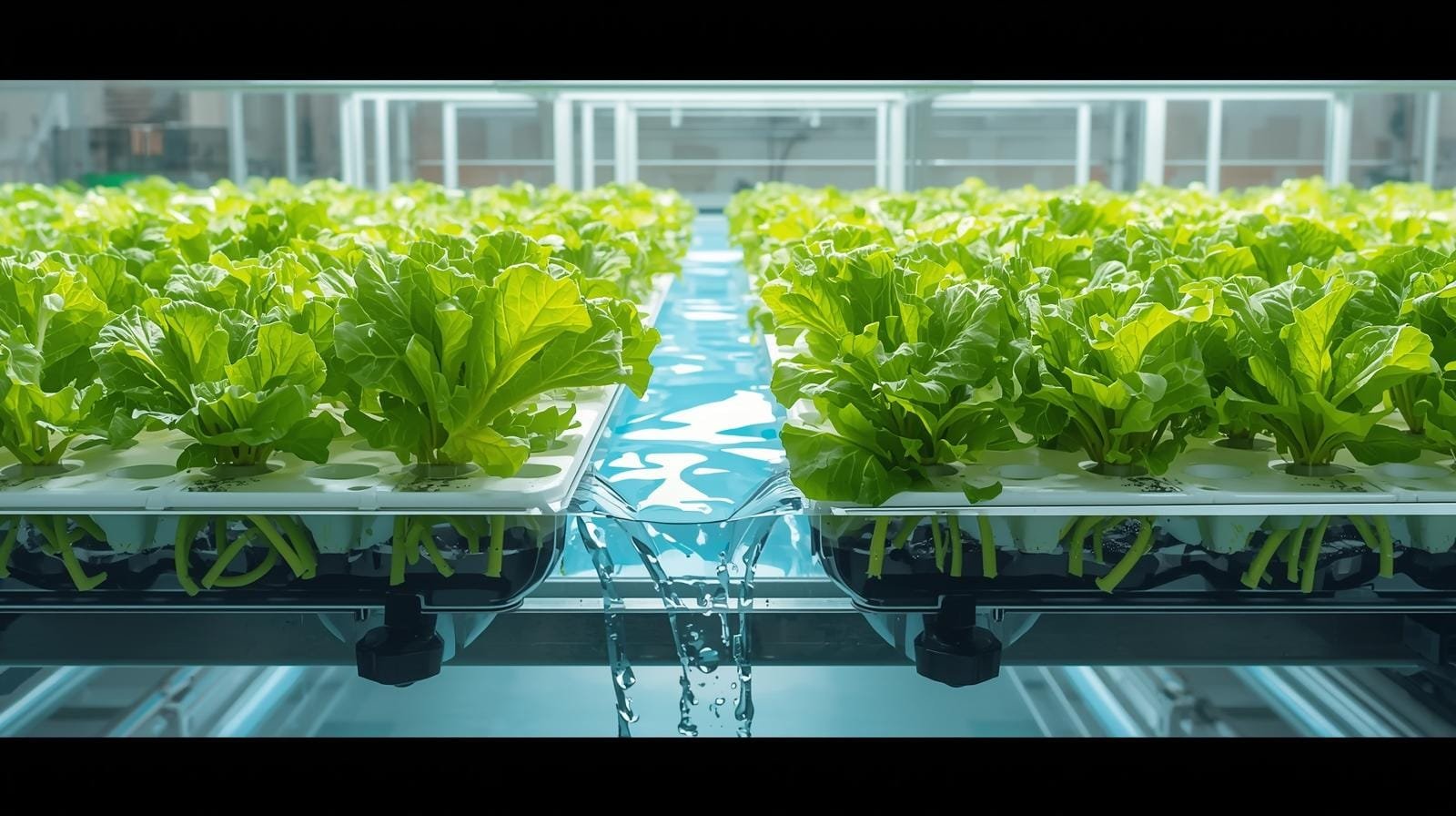 Ebb & flow hydroponic channels filled with lettuce plants