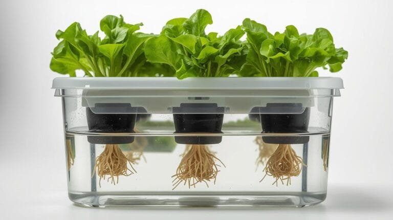 Featured guide banner illustrating a passive Kratky hydroponic setup for lettuce with roots suspended above an off-grid nutrient reservoir