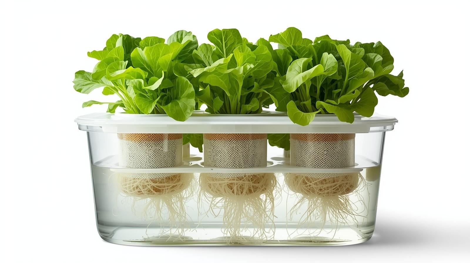 Lettuce growing in Kratky hydroponic containers