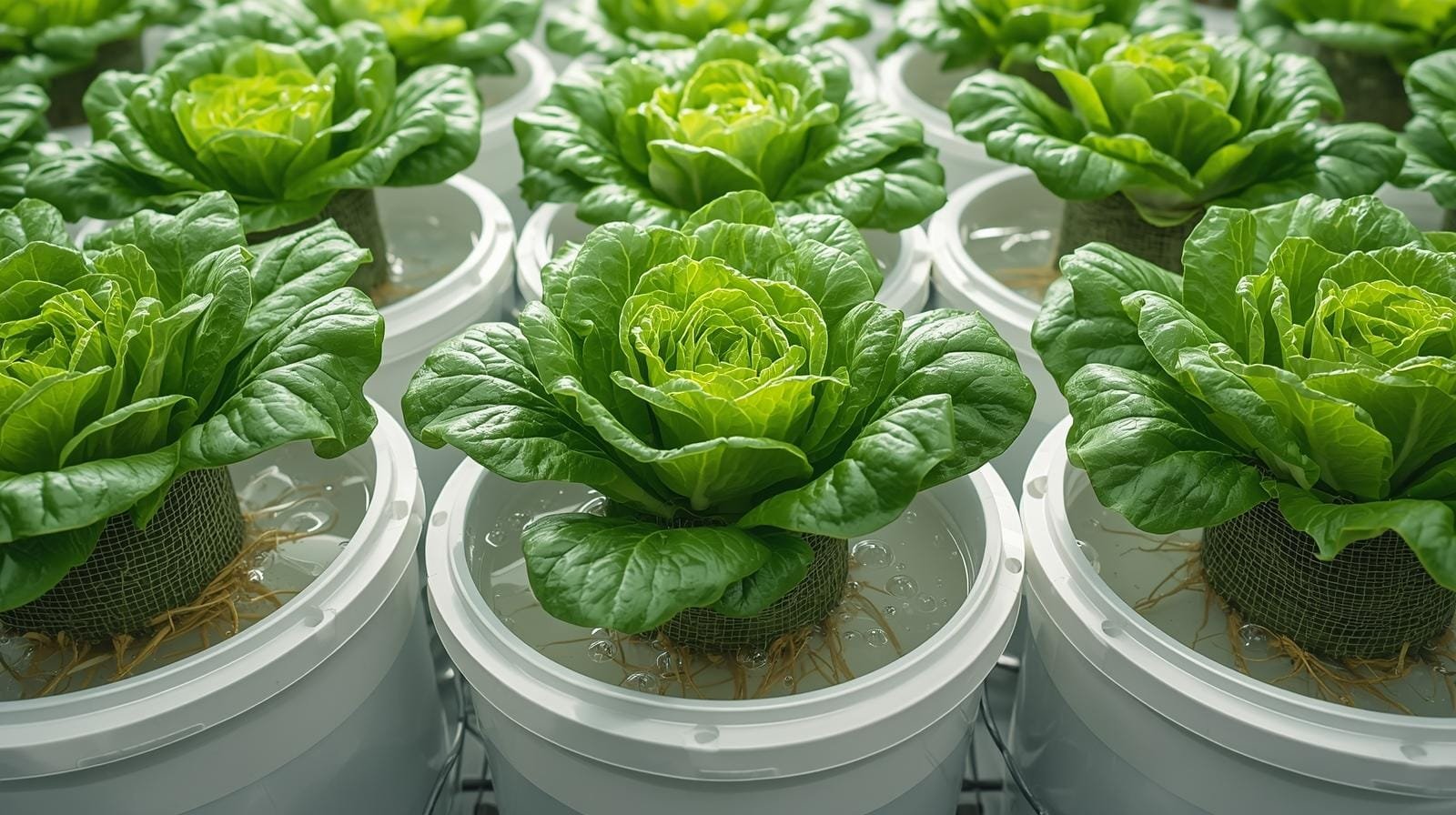 DWC hydroponic channels filled with lettuce plants