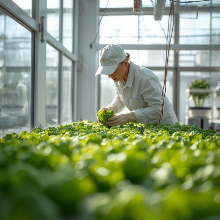 A grower harvesting mature hydroponic butterhead lettuce from a commercial grow channel while preserving the clean root mass