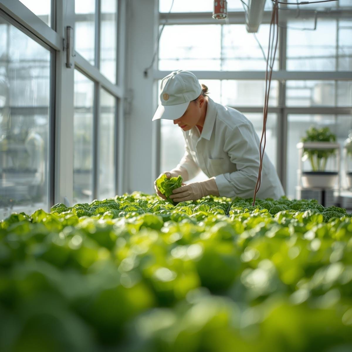harvesting green leafy hydroponic lettuce