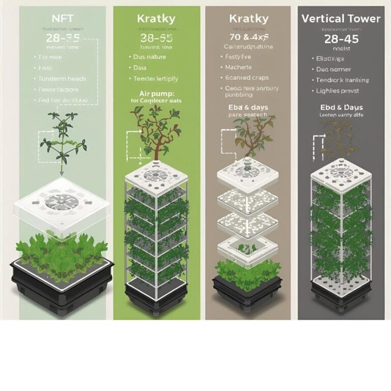 Comparative diagram showing structural differences between NFT, deep water culture, and ebb and flow hydroponic systems