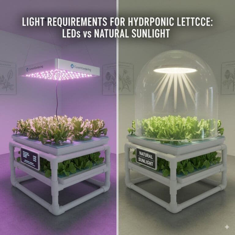 Comparative analysis graphic showing hydroponic lettuce yield differences under full-spectrum LED lights versus natural sunlight