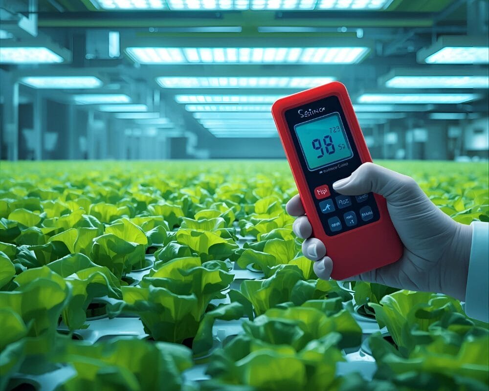 Checking hydroponic lettuce pH with a digital meter