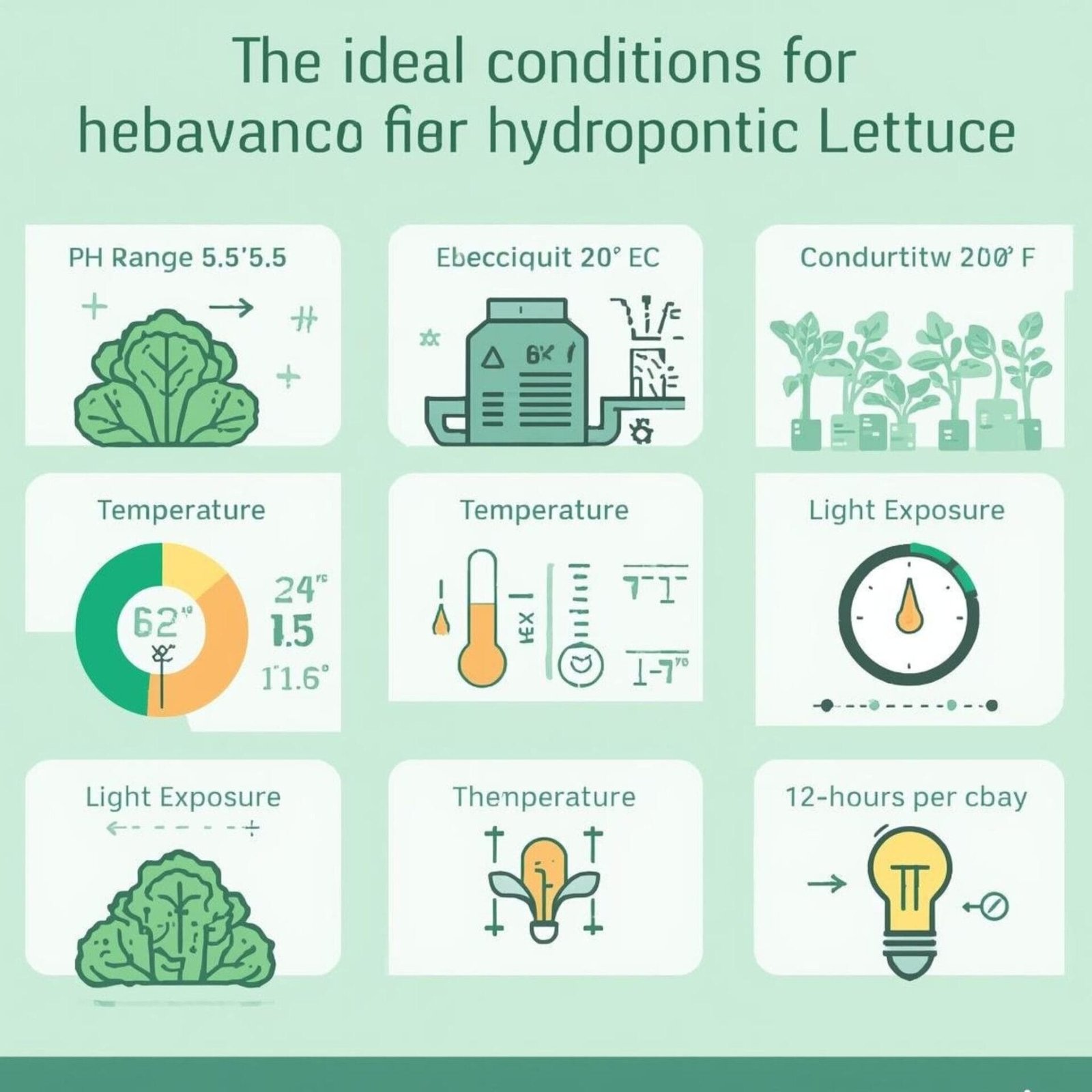 Illustration of ideal growing conditions for hydroponic lettuce with pH, EC, light, and temperature values