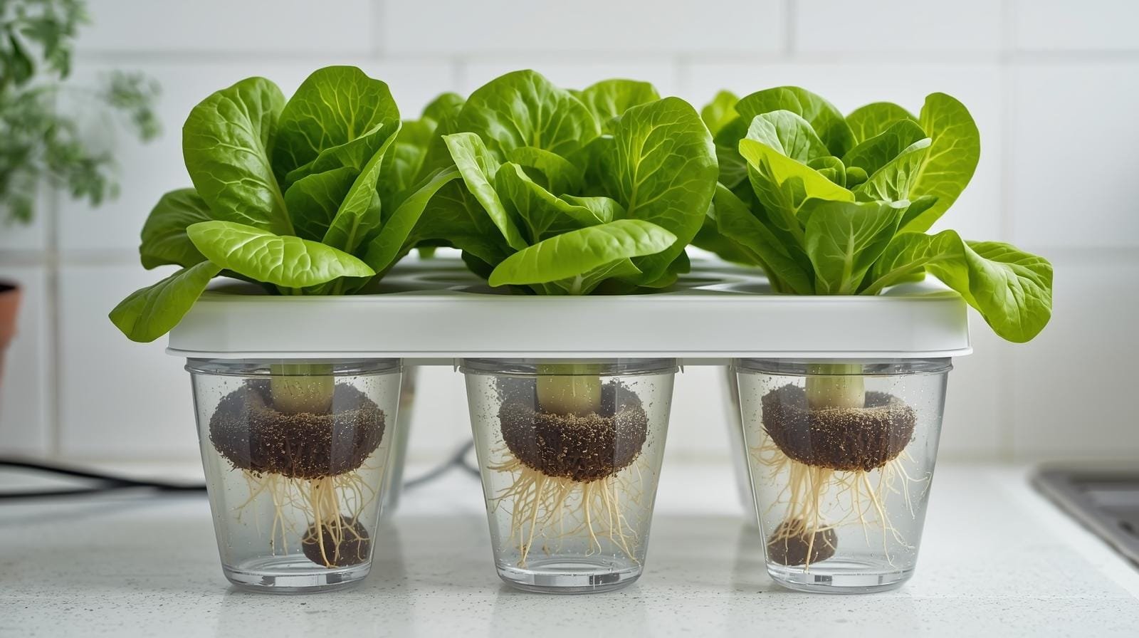 Kratky hydroponic channels filled with lettuce plants