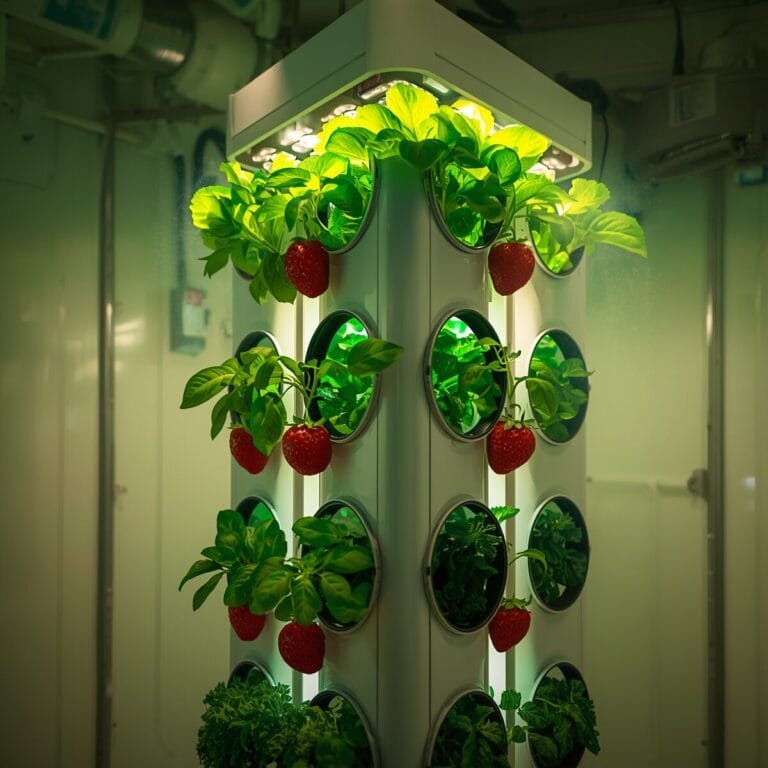 Assortment of lettuce, basil, strawberries and kale growing in an aeroponic tower system – best crops for aeroponic systems
