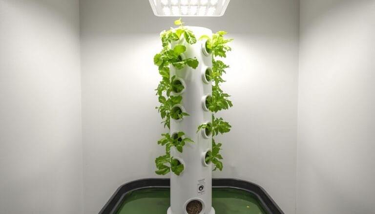 DIY aeroponic tower built from white PVC pipe with green herb plants growing from side ports in a home grow room