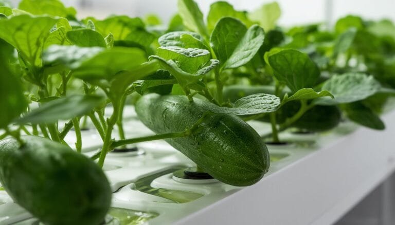 Hydroponic cucumber vine trained on a vertical trellis wire system inside a green house