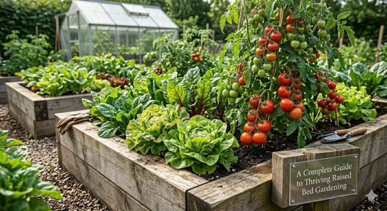 Raised bed vegetable garden filled with thriving leafy greens and tomatoes – raised bed gardening guide