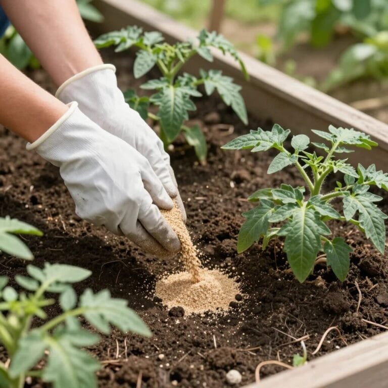Gardener applying granular NPK fertilizer around vegetable plants in a raised bed garden – soil fertilizer timing guide