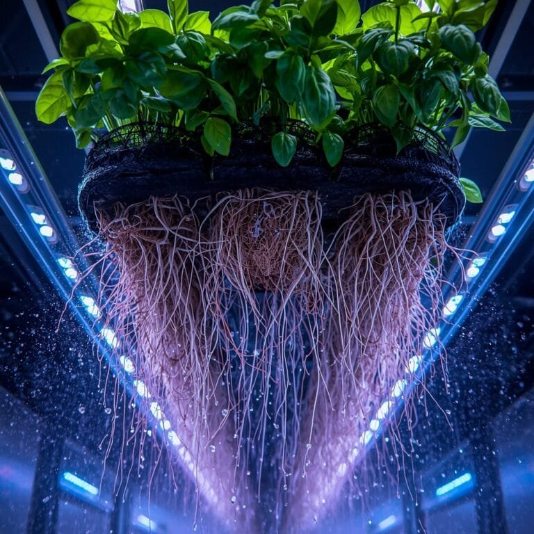 Aeroponic system with white plant roots hanging in dark mist chamber – what is aeroponics