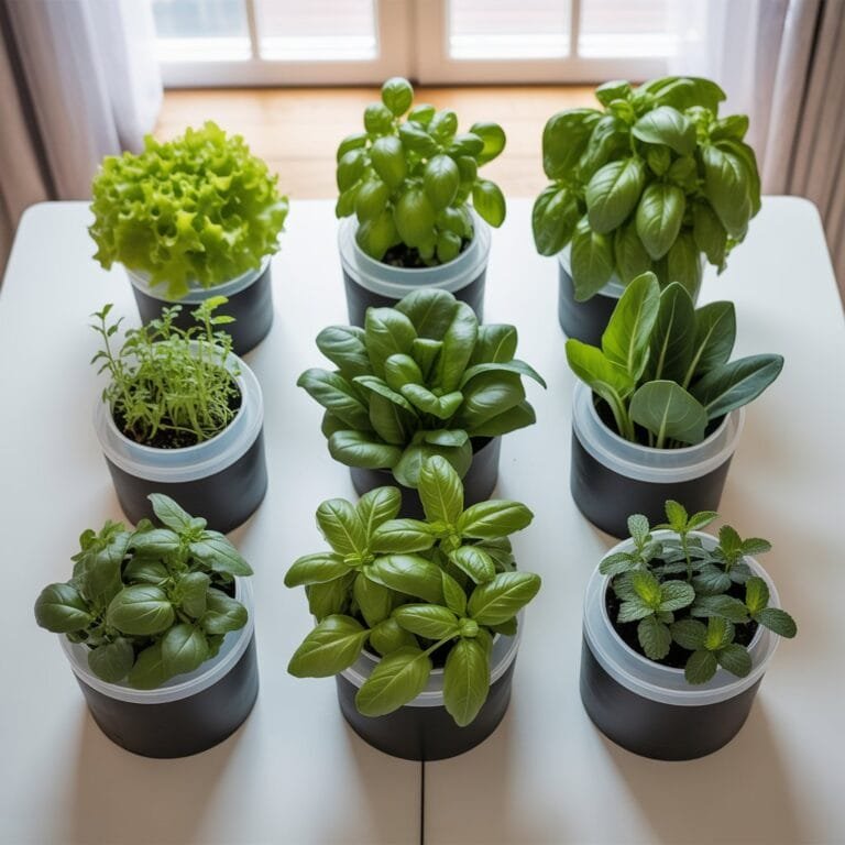 Kratky passive hydroponic system setup growing fresh garden herbs and leafy vegetables without water pumps