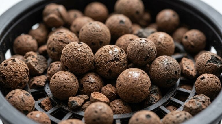 Clean clay pebbles sitting in a hydroponic net pot