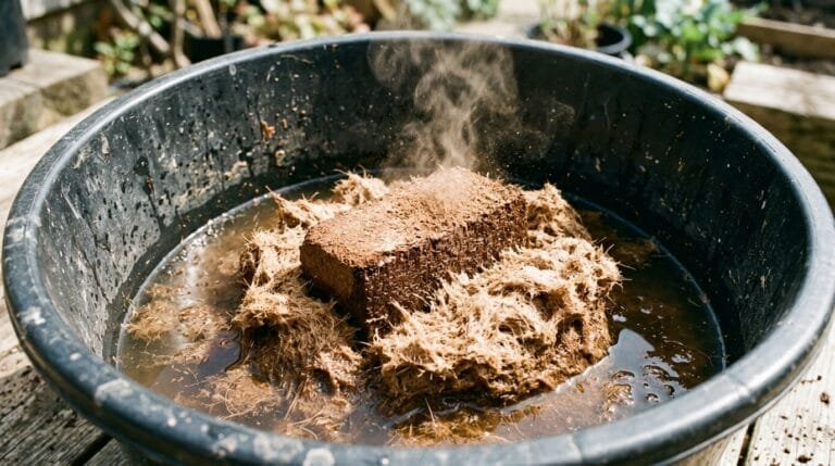 Block of compressed coco coir expanding in a bucket of water