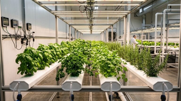 Indoor hydroponic herb garden setup with basil parsley cilantro and rosemary growing under full spectrum LED grow lights in NFT channels