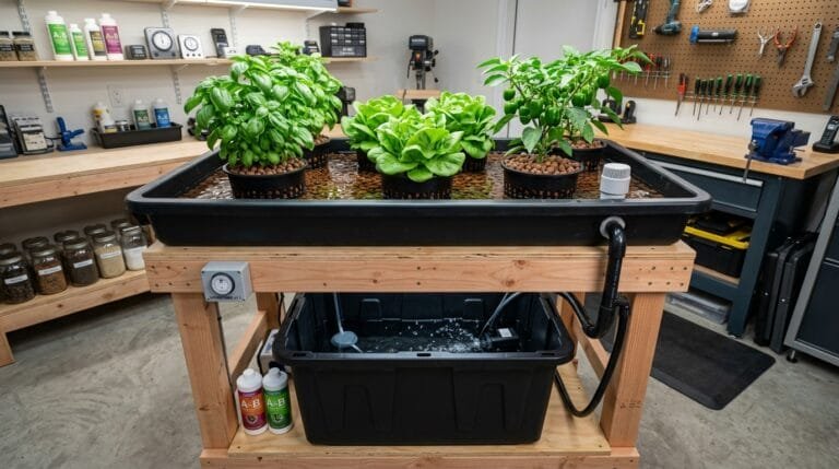 Completed DIY ebb and flow hydroponic system built from heavy-duty black storage totes showing flooded tray with basil, lettuce, and bell peppers in clay pebbles