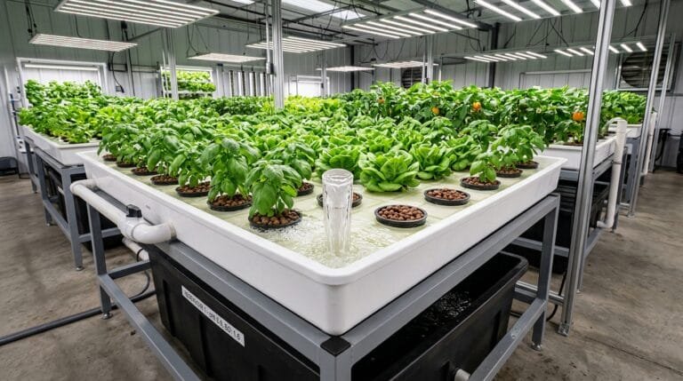Commercial ebb and flow flood and drain hydroponic table with active nutrient solution flooding healthy basil, lettuce, and peppers in clay pebbles