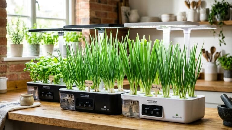 Lush indoor hydroponic green onions growing in countertop systems with LED grow lights
