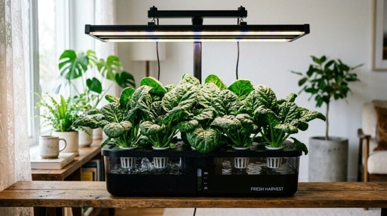Hydroponic spinach plants growing in home indoor DWC system under LED grow light