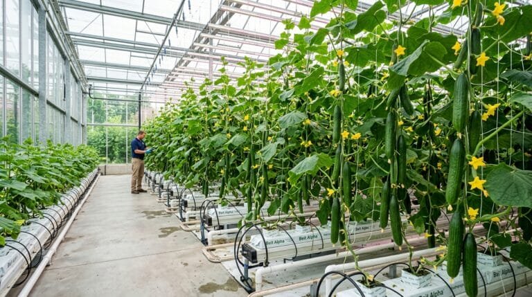 Hydroponic cucumber vines climbing vertical nylon trellises in Dutch buckets inside modern indoor greenhouse