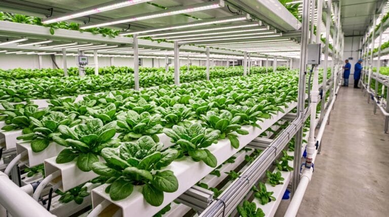 Hydroponic spinach plants growing in white NFT channels under LED grow lights in clean indoor CEA facility