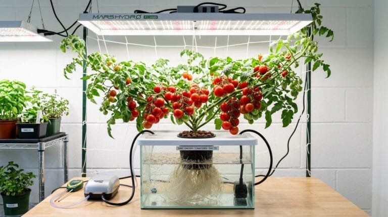 Hydroponic tomato plants growing on vine in DWC system