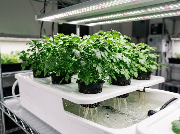 Lush green Italian flat leaf hydroponic parsley growing in an indoor trough system